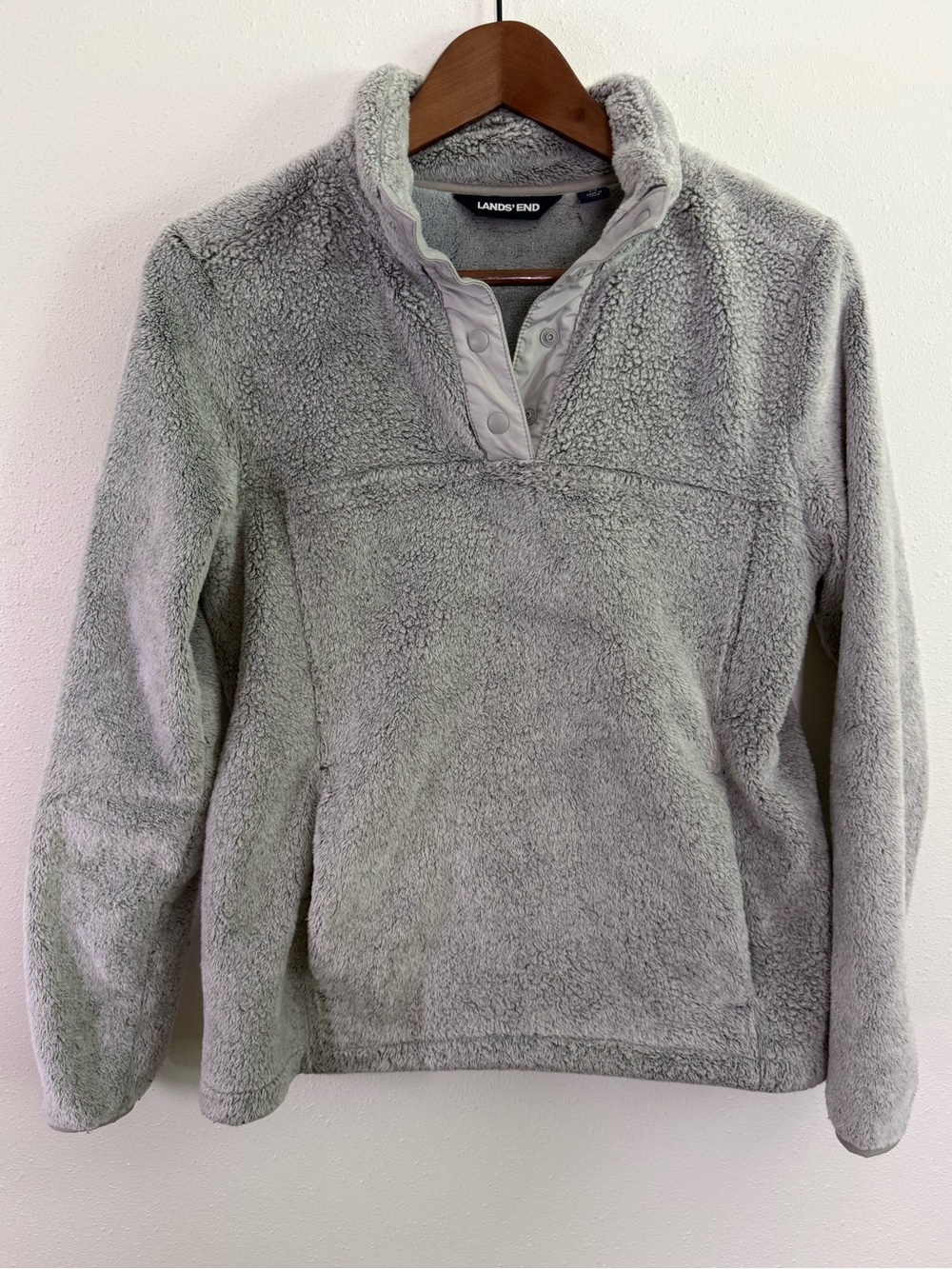 Lands’ End Gray Sherpa Fleece Snap Neck Kangaroo Pocket Women’s Small 6-8